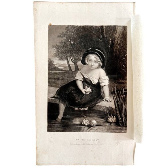 Water Lily Steel Engraving 1859 Victorian Adorable Girl At The Pond Art DWY5C - Picture 2 of 2